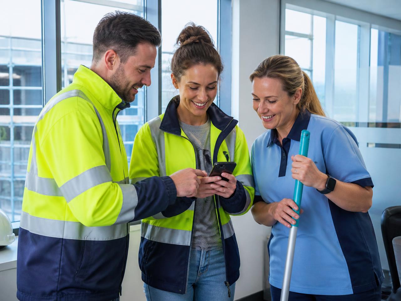Medewerkers uit de bouw en schoonmaak bekijken samen de registratie-app