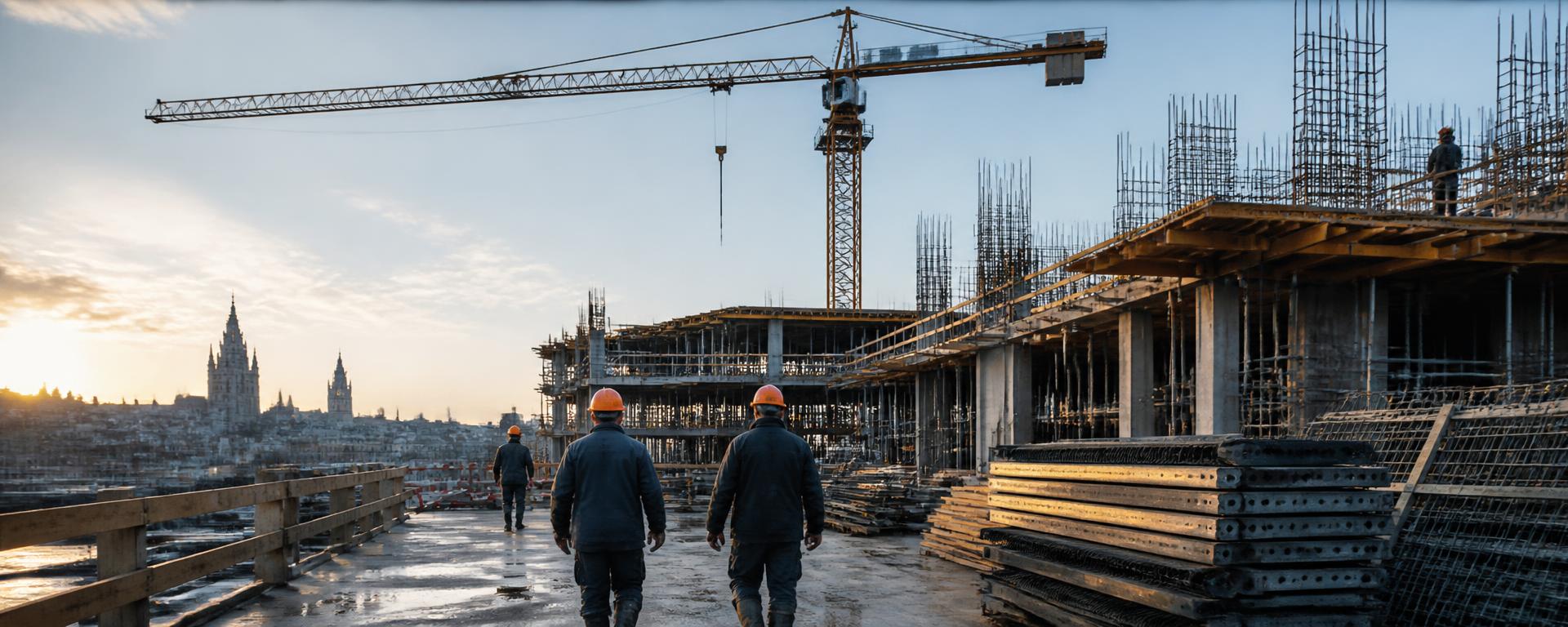 Werf bij zonsopgang met torenkraan en bouwmedewerkers met oranje helmen