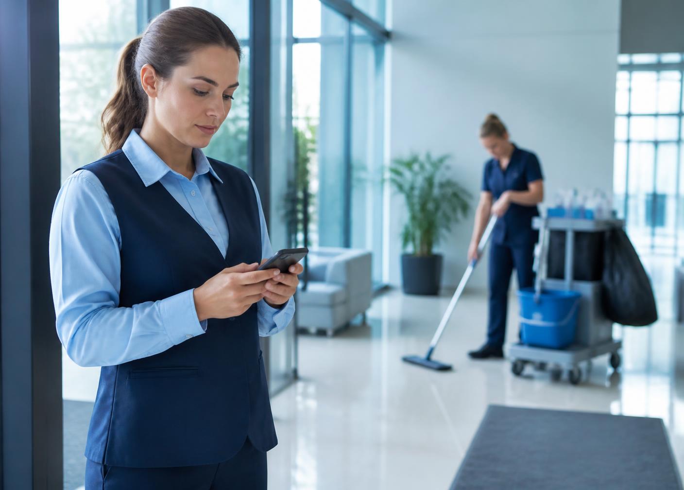 Een verantwoordelijke bekijkt registraties op haar telefoon in een kantoorlobby terwijl een collega poetst.